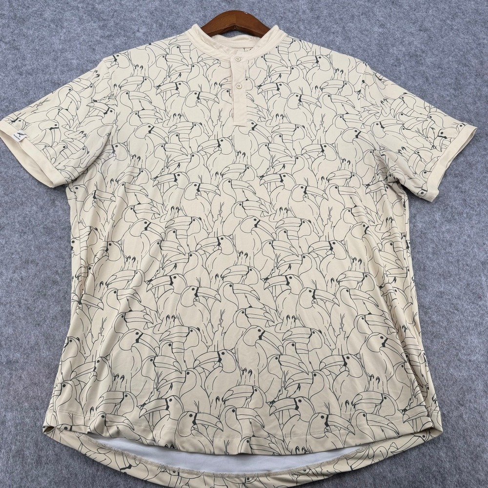 Mantra Catalyst Polo Mens XL Cream Toucan Bird Print Henley Band Collar Shirt